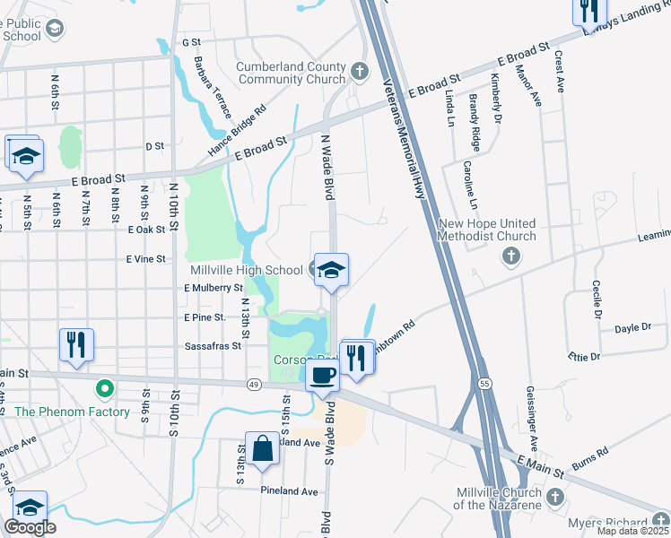 map of restaurants, bars, coffee shops, grocery stores, and more near 301 North Wade Boulevard in Millville
