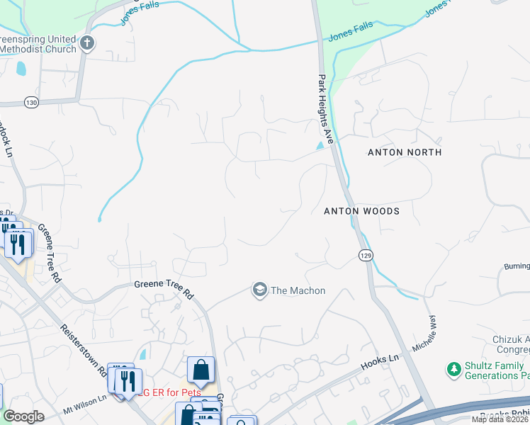 map of restaurants, bars, coffee shops, grocery stores, and more near 8570 Leisure Hill Drive in Pikesville