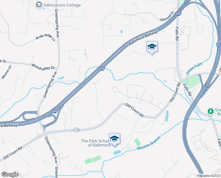 map of restaurants, bars, coffee shops, grocery stores, and more near 2524 Stonemill Road in Pikesville