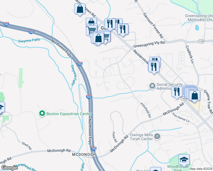 map of restaurants, bars, coffee shops, grocery stores, and more near 8125 Greenspring Valley Road in Owings Mills