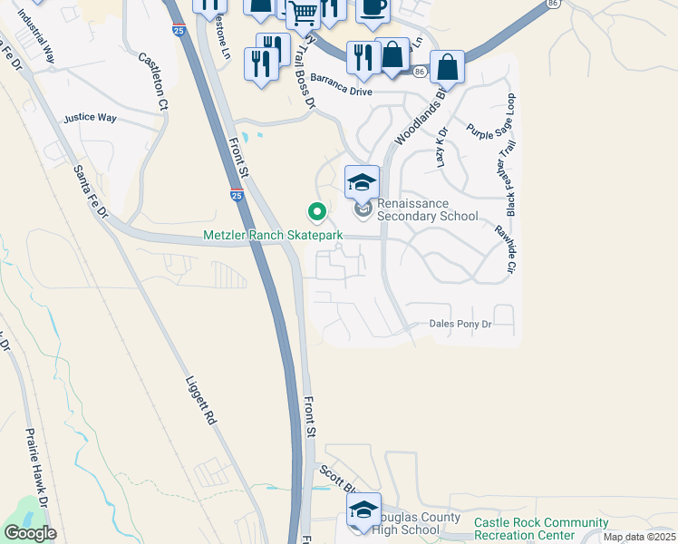 map of restaurants, bars, coffee shops, grocery stores, and more near 457 Black Feather Loop in Castle Rock