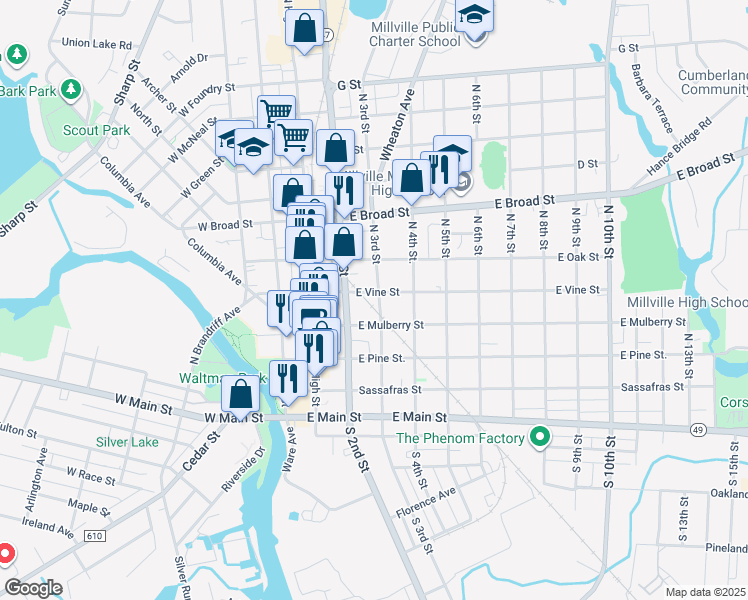 map of restaurants, bars, coffee shops, grocery stores, and more near 229 East Vine Street in Millville