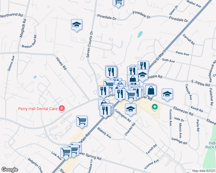 map of restaurants, bars, coffee shops, grocery stores, and more near 4130 East Joppa Road in Nottingham