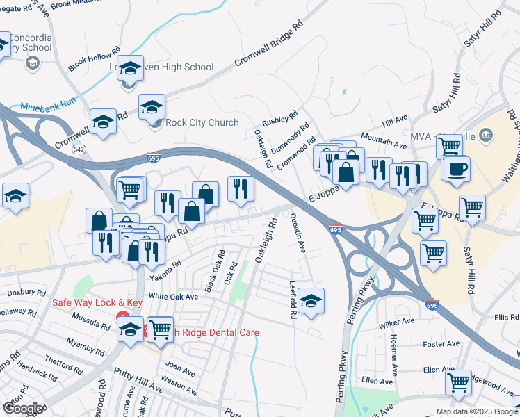 map of restaurants, bars, coffee shops, grocery stores, and more near 1772 East Joppa Road in Baltimore