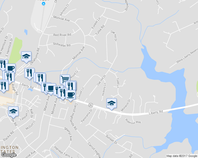 map of restaurants, bars, coffee shops, grocery stores, and more near 6400 Oak Hill Drive in Sykesville