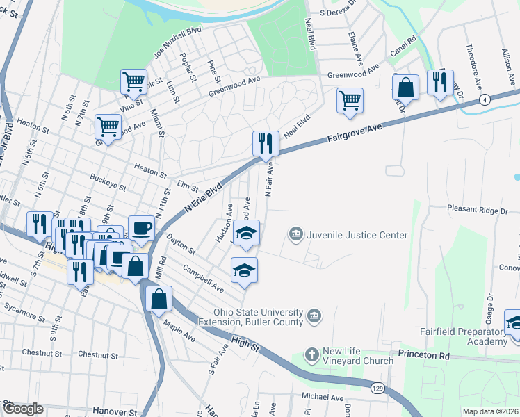 map of restaurants, bars, coffee shops, grocery stores, and more near 325 North Fair Avenue in Hamilton