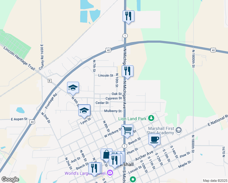 map of restaurants, bars, coffee shops, grocery stores, and more near 941-999 Oak Street in Marshall