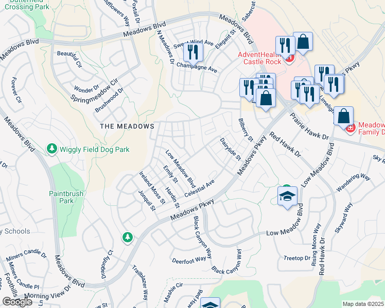 map of restaurants, bars, coffee shops, grocery stores, and more near 3550 Fennel Street in Castle Rock