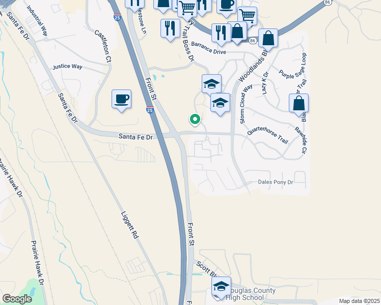 map of restaurants, bars, coffee shops, grocery stores, and more near 438 Black Feather Loop in Castle Rock