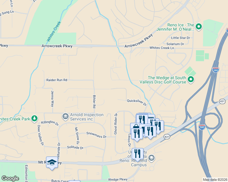 map of restaurants, bars, coffee shops, grocery stores, and more near 515 Silversmith Place in Reno