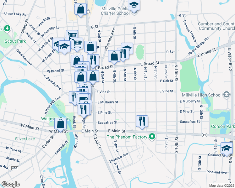 map of restaurants, bars, coffee shops, grocery stores, and more near 314 North 4th Street in Millville