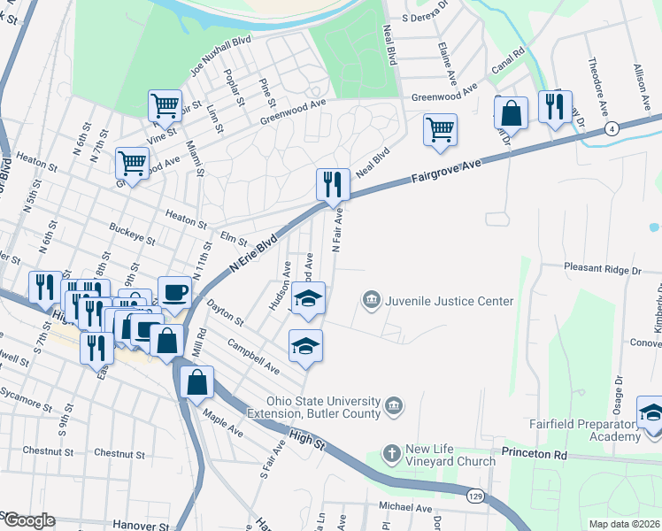 map of restaurants, bars, coffee shops, grocery stores, and more near 325 North Fair Avenue in Hamilton