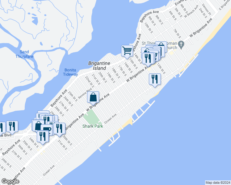 map of restaurants, bars, coffee shops, grocery stores, and more near 1904 West Brigantine Avenue in Brigantine