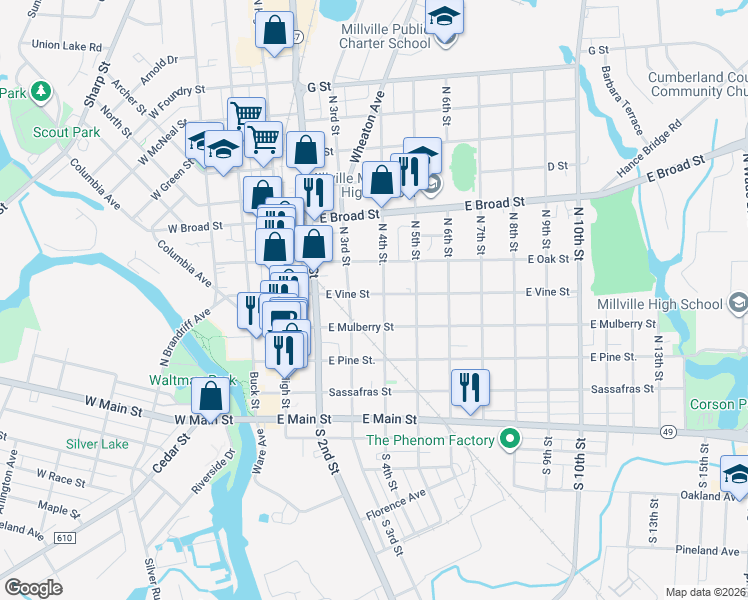 map of restaurants, bars, coffee shops, grocery stores, and more near 314 North 4th Street in Millville