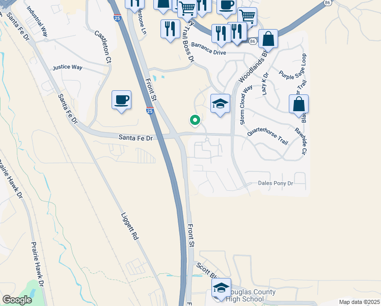 map of restaurants, bars, coffee shops, grocery stores, and more near 474 Black Feather Loop in Castle Rock
