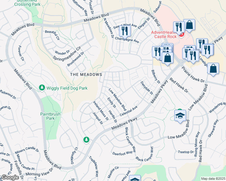 map of restaurants, bars, coffee shops, grocery stores, and more near 3011 Low Meadow Boulevard in Castle Rock
