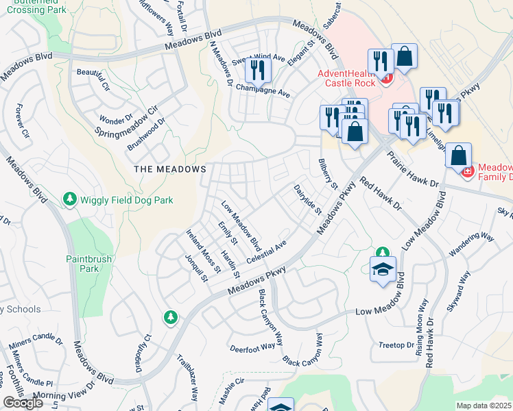 map of restaurants, bars, coffee shops, grocery stores, and more near 3550 Fennel Street in Castle Rock