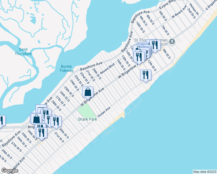 map of restaurants, bars, coffee shops, grocery stores, and more near 1904 West Brigantine Avenue in Brigantine
