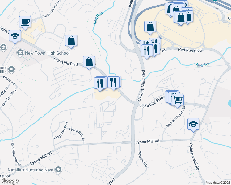 map of restaurants, bars, coffee shops, grocery stores, and more near 9351 Lakeside Boulevard in Owings Mills