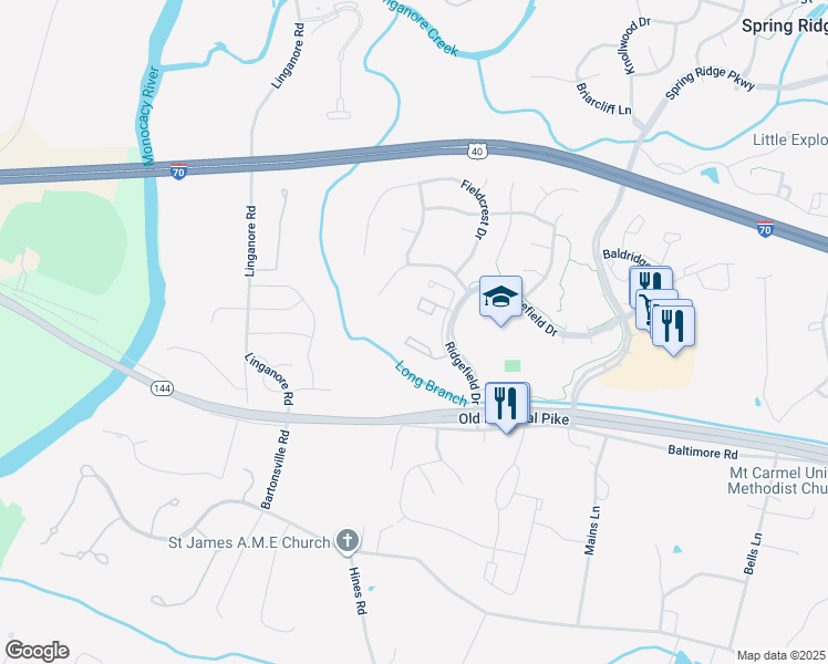 map of restaurants, bars, coffee shops, grocery stores, and more near 6512 Springwater Court in Frederick