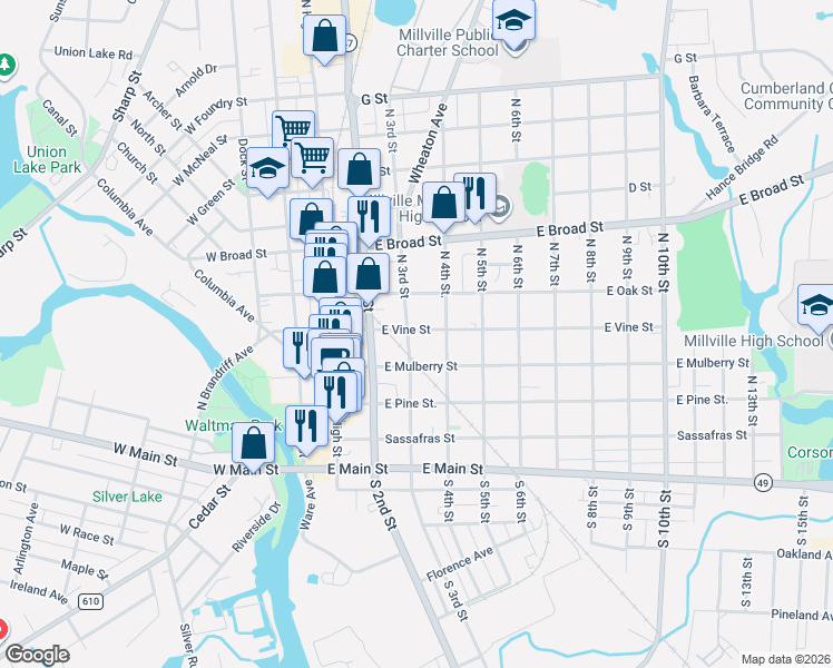 map of restaurants, bars, coffee shops, grocery stores, and more near 229 East Vine Street in Millville
