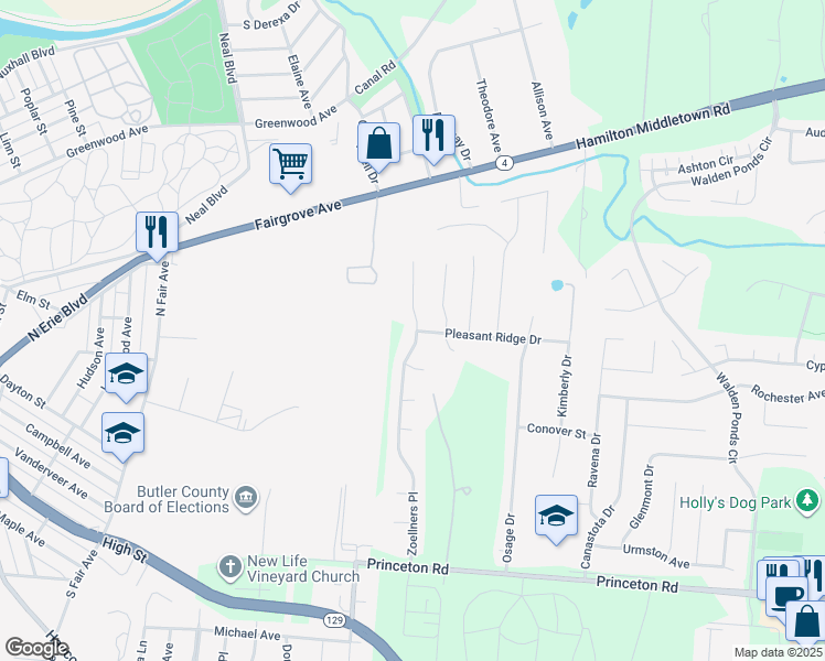 map of restaurants, bars, coffee shops, grocery stores, and more near 6253 Zoellners Place in Hamilton