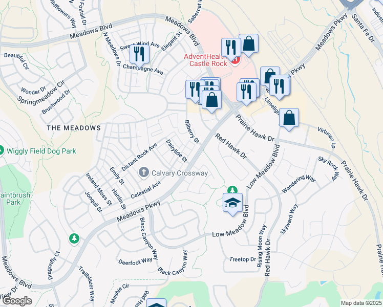 map of restaurants, bars, coffee shops, grocery stores, and more near 3409 Goodyear Street in Castle Rock