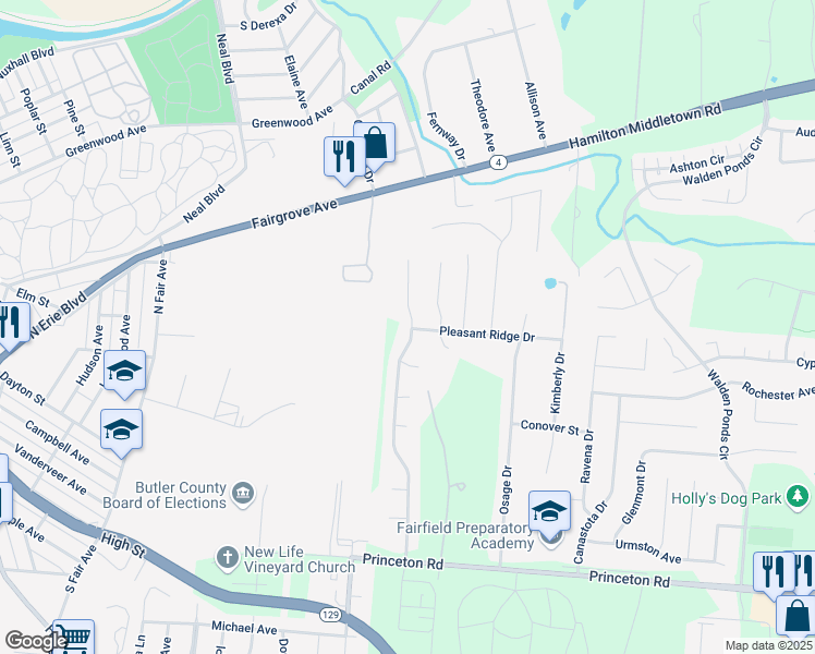 map of restaurants, bars, coffee shops, grocery stores, and more near 6253 Zoellners Place in Hamilton