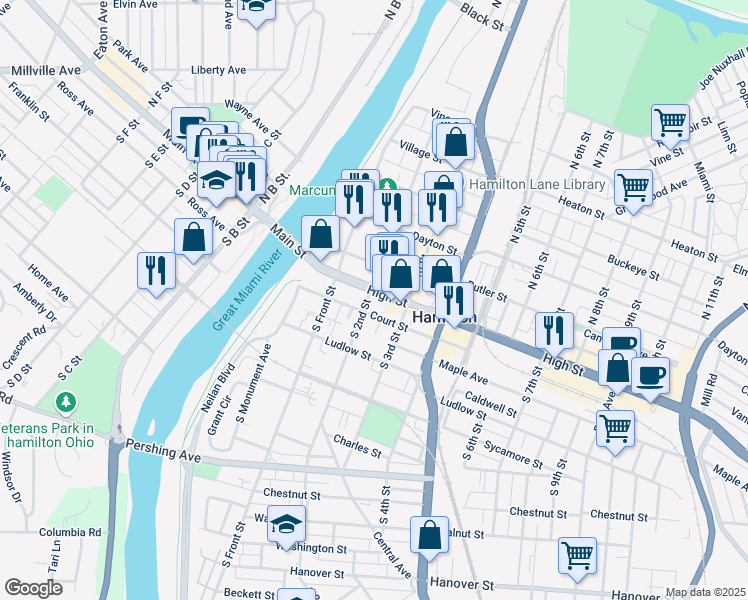 map of restaurants, bars, coffee shops, grocery stores, and more near 141 Court Street in Hamilton