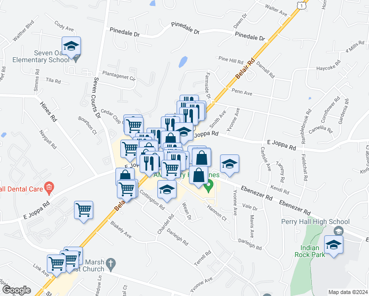 map of restaurants, bars, coffee shops, grocery stores, and more near 9021 Belair Road in Nottingham