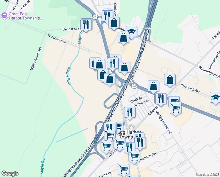 map of restaurants, bars, coffee shops, grocery stores, and more near 6727 East Black Horse Pike in Egg Harbor Township