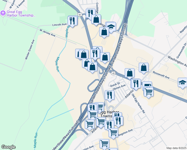 map of restaurants, bars, coffee shops, grocery stores, and more near 6727 East Black Horse Pike in Egg Harbor Township