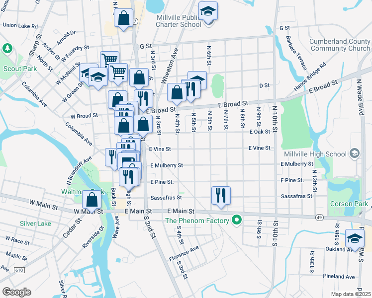 map of restaurants, bars, coffee shops, grocery stores, and more near 316 North 5th Street in Millville
