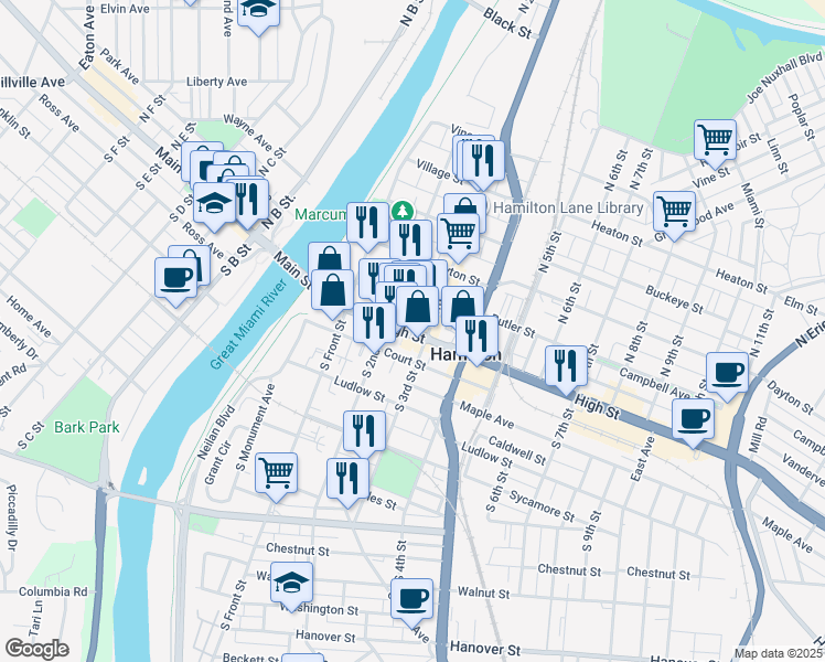 map of restaurants, bars, coffee shops, grocery stores, and more near 236 High Street in Hamilton