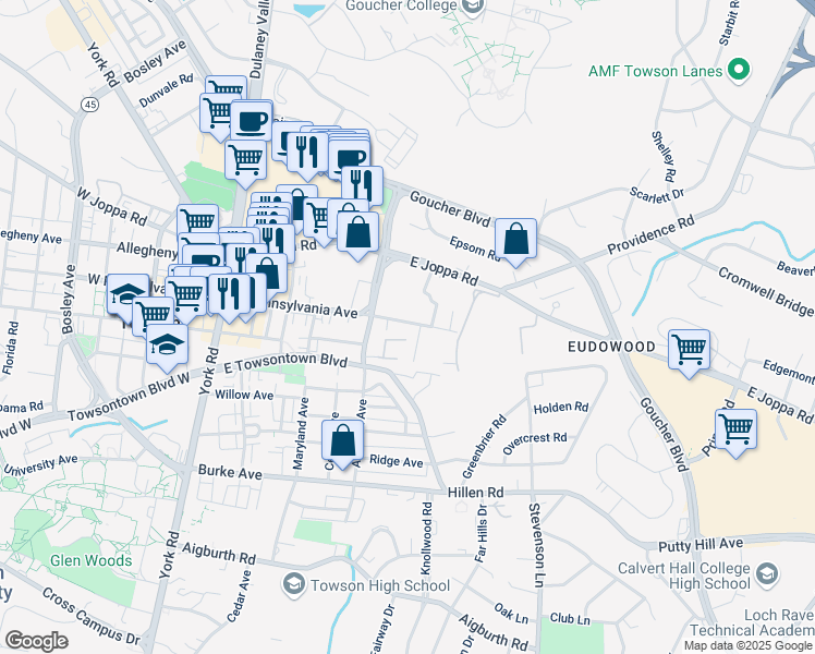map of restaurants, bars, coffee shops, grocery stores, and more near in Towson