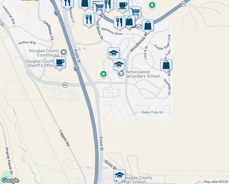 map of restaurants, bars, coffee shops, grocery stores, and more near 457 Black Feather Loop in Castle Rock