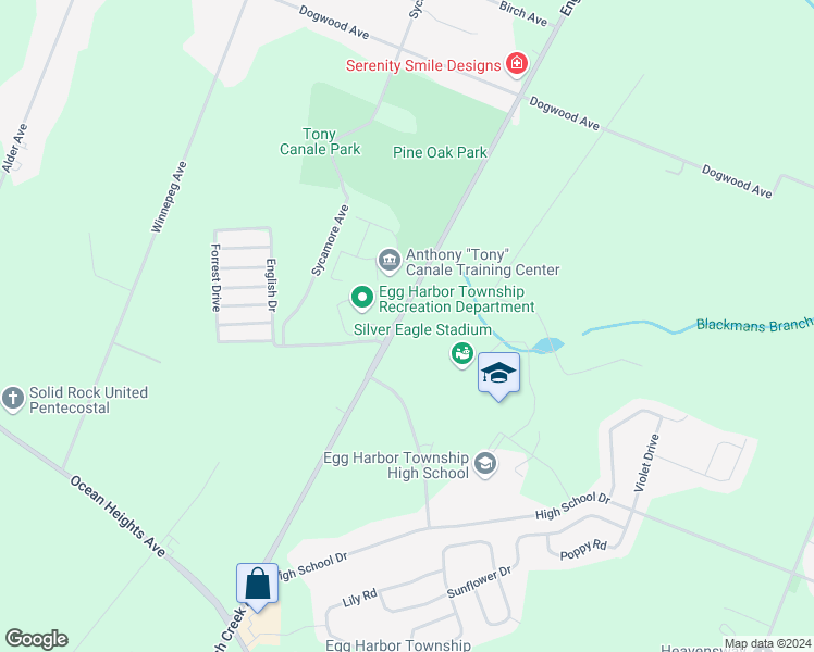 map of restaurants, bars, coffee shops, grocery stores, and more near 5050 English Drive in Egg Harbor Township