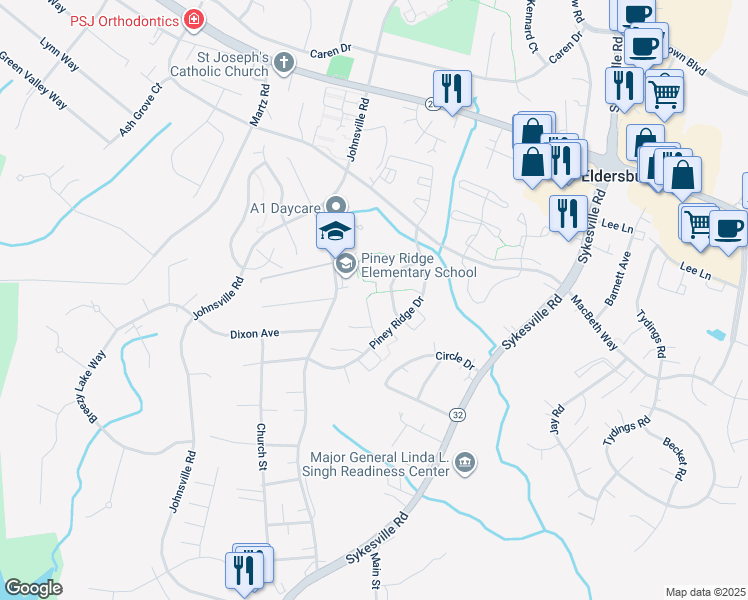 map of restaurants, bars, coffee shops, grocery stores, and more near 914 Slash Pine Court in Sykesville