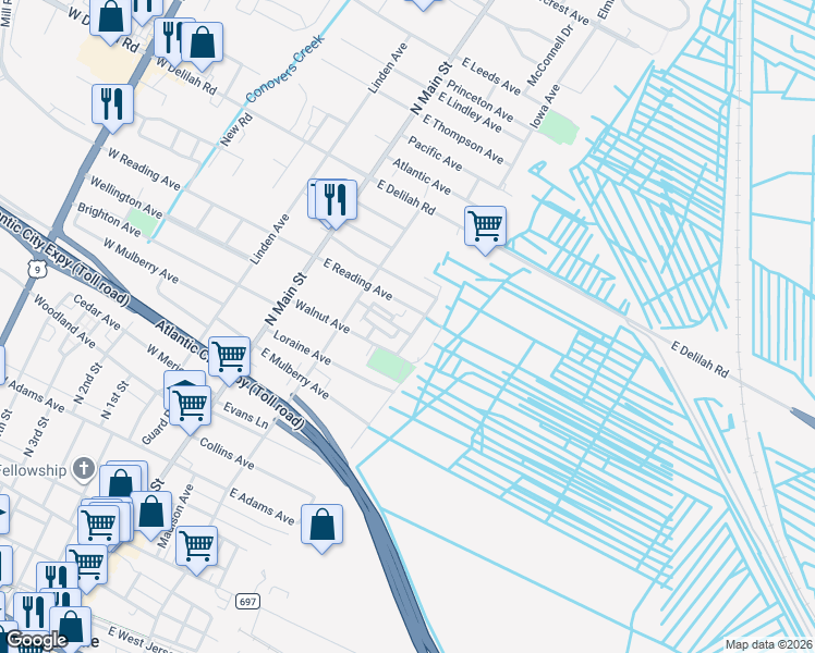 map of restaurants, bars, coffee shops, grocery stores, and more near 710 Clearview Avenue in Pleasantville