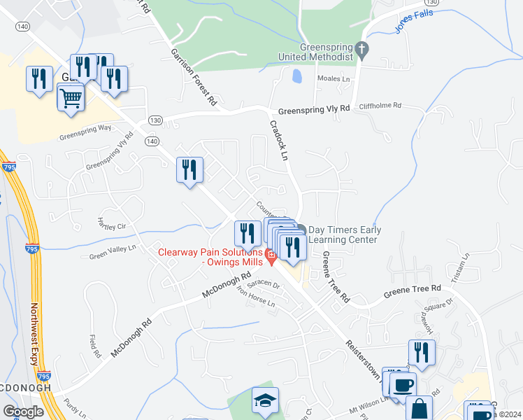 map of restaurants, bars, coffee shops, grocery stores, and more near 9240 Countess Drive in Owings Mills