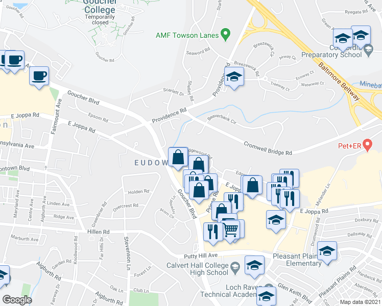 map of restaurants, bars, coffee shops, grocery stores, and more near 106 Edgewood Road in Towson