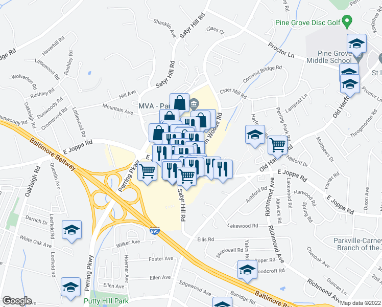 map of restaurants, bars, coffee shops, grocery stores, and more near 8834 Waltham Woods Rd in Parkville