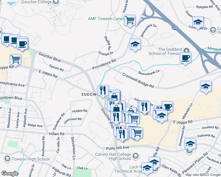 map of restaurants, bars, coffee shops, grocery stores, and more near 106 Edgewood Road in Towson