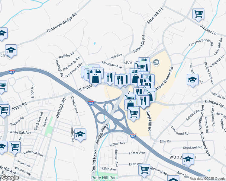 map of restaurants, bars, coffee shops, grocery stores, and more near 1925 East Joppa Road in Parkville