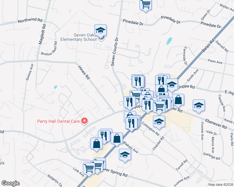 map of restaurants, bars, coffee shops, grocery stores, and more near 25 Bourbon Court in Parkville