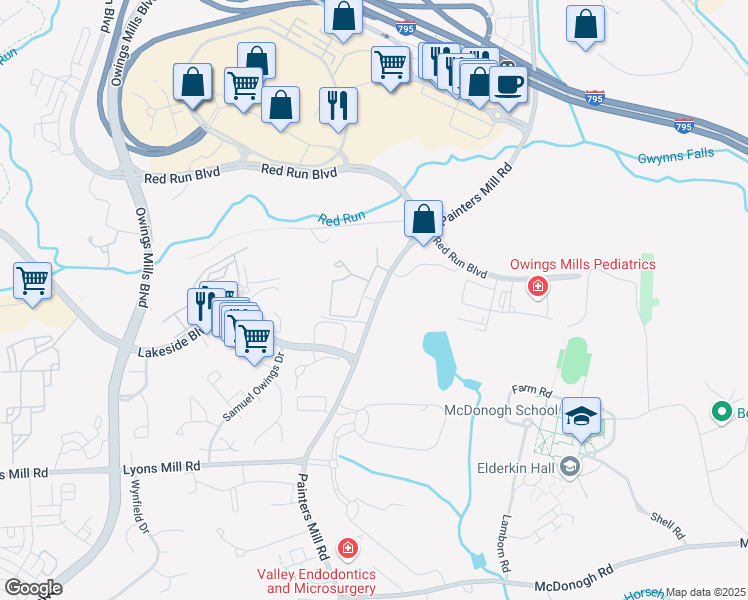 map of restaurants, bars, coffee shops, grocery stores, and more near 4715 Riverstone Drive in Owings Mills