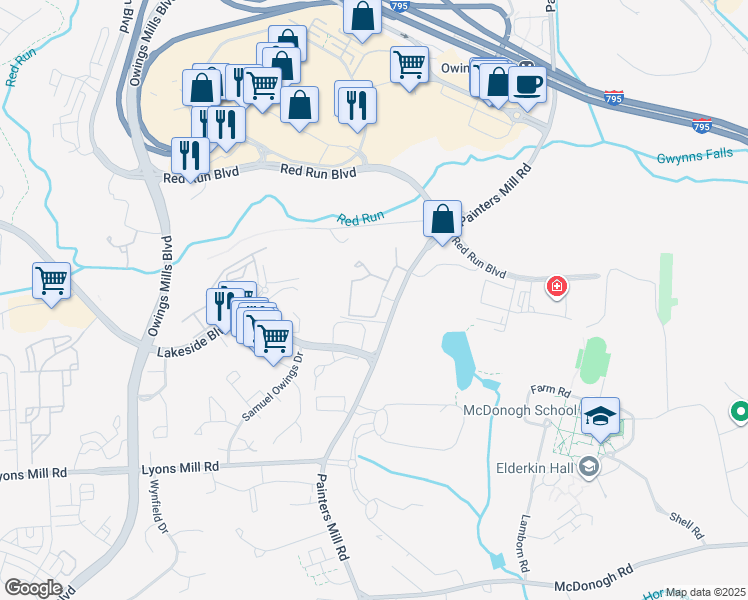 map of restaurants, bars, coffee shops, grocery stores, and more near 4700 Riverstone Drive in Owings Mills