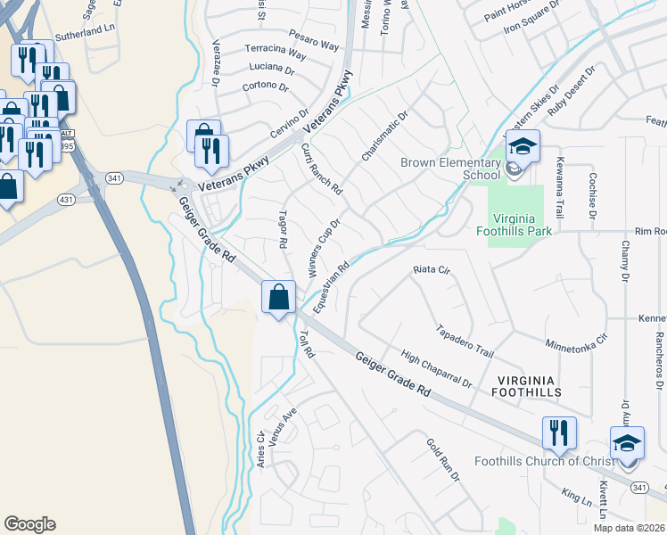 map of restaurants, bars, coffee shops, grocery stores, and more near 14105 Princequillo Court in Reno