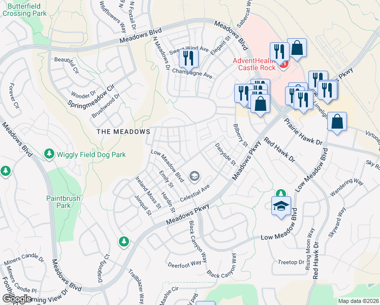 map of restaurants, bars, coffee shops, grocery stores, and more near 2824 Summer Day Avenue in Castle Rock