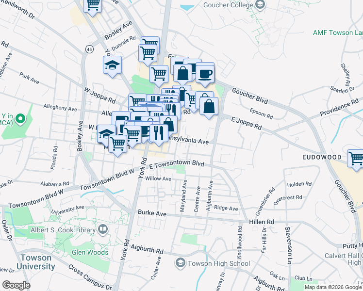 map of restaurants, bars, coffee shops, grocery stores, and more near 305 Davage Lane in Towson